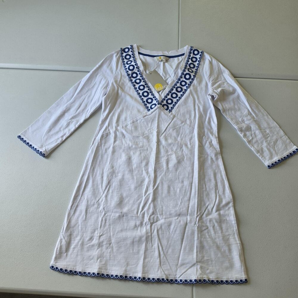 Boden Dress Womens 6 White Cotton Embroidered V Neck 3/4 Sleeve Shift Short